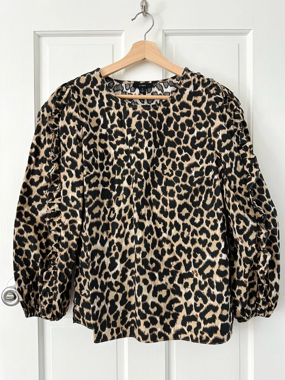 J. CREW Ruffle-Sleeve Top in Leopard Animal Print Brown Puff Sleeve Size S